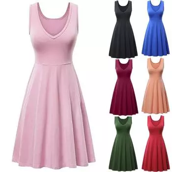 Женское повседневное модное однотонное вечернее платье без рукавов с v-образным вырезом и длиной до колена XL