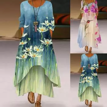 Женское повседневное модное осеннее свободное платье с длинным рукавом и круглым вырезом с принтом XXXXXL синий