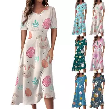 Женское повседневное модное пасхальное платье с v-образным вырезом и коротким рукавом на талии, длинное свободное платье L синий