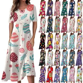 Женское повседневное модное пасхальное платье с v-образным вырезом и коротким рукавом на талии, длинное свободное платье L