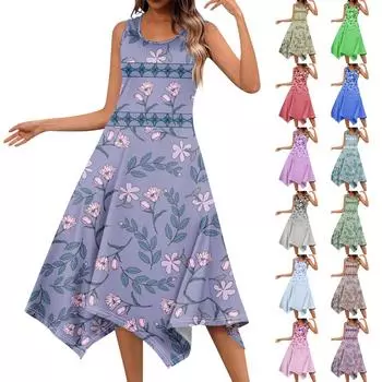 Женское повседневное модное платье без рукавов с круглым вырезом и нерегулярным подолом L синий