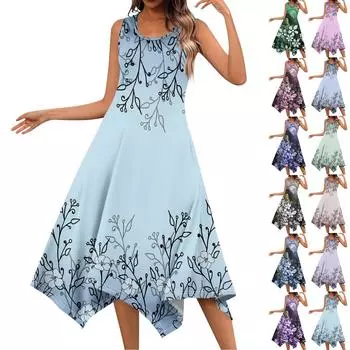 Женское повседневное модное платье без рукавов с круглым вырезом и нерегулярным подолом L синий