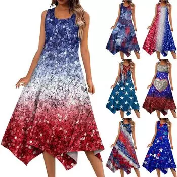 Женское повседневное модное платье без рукавов с круглым вырезом и принтом в честь Дня независимости и нерегулярным подолом L синий
