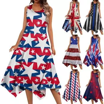 Женское повседневное модное платье без рукавов с круглым вырезом и принтом в честь Дня независимости и нерегулярным подолом L чёрный