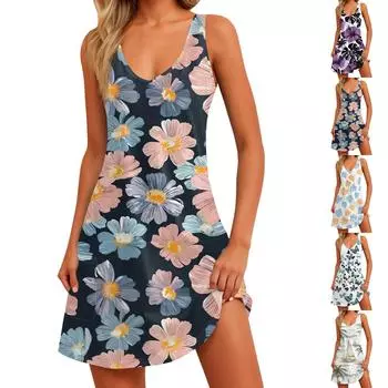 Женское повседневное модное платье без рукавов с V-образным вырезом и цветочным принтом, боковыми карманами M