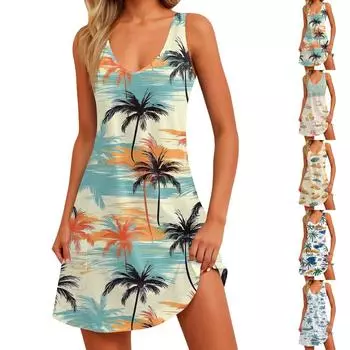 Женское повседневное модное платье без рукавов с V-образным вырезом и цветочным принтом, боковыми карманами XXL