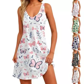 Женское повседневное модное платье без рукавов с V-образным вырезом и цветочным принтом, боковыми карманами L