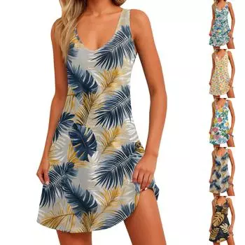 Женское повседневное модное платье без рукавов с V-образным вырезом и цветочным принтом, боковыми карманами XXXL