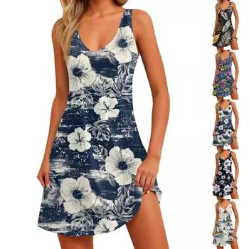 Женское повседневное модное платье без рукавов с V-образным вырезом и цветочным принтом, боковыми карманами L чёрный