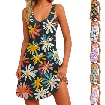 Женское повседневное модное платье без рукавов с V-образным вырезом и цветочным принтом, боковыми карманами S