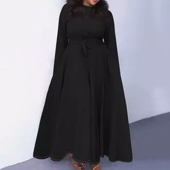 Женское повседневное модное платье большого размера с круглым вырезом и длинным рукавом с карманами на бретелях XXL чёрный