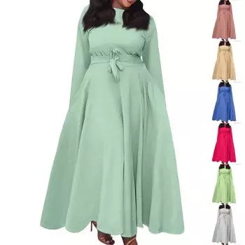 Женское повседневное модное платье большого размера с круглым вырезом, длинным рукавом, карманами и бретельками, повседневное и удобное XXL синий