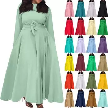 Женское повседневное модное платье большого размера с круглым вырезом, длинным рукавом, карманами и бретельками, повседневное и удобное XXXXL