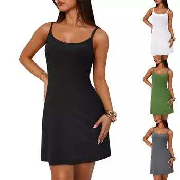 Женское повседневное модное платье для отпуска с круглым вырезом без рукавов, однотонное платье с разрезом по низу L горячий розовый