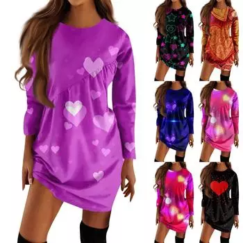 Женское повседневное модное платье-футболка с длинными рукавами и принтом на День святого Валентина, нерегулярное плиссированное платье с круглым вырезом L