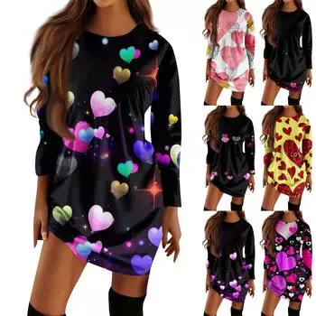 Женское повседневное модное платье-футболка с длинными рукавами и принтом на День святого Валентина, нерегулярное плиссированное платье с круглым вырезом M