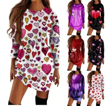 Женское повседневное модное платье-футболка с длинными рукавами и принтом на День святого Валентина, нерегулярное плиссированное платье с круглым вырезом L чёрный