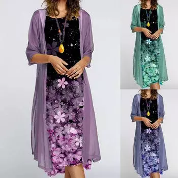 Женское повседневное модное платье из двух частей с круглым вырезом и принтом L синий