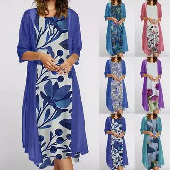 Женское повседневное модное платье из двух частей с круглым вырезом и принтом L синий