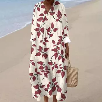 Женское повседневное модное платье макси с V-образным вырезом и длинными рукавами с цветочным принтом S красный