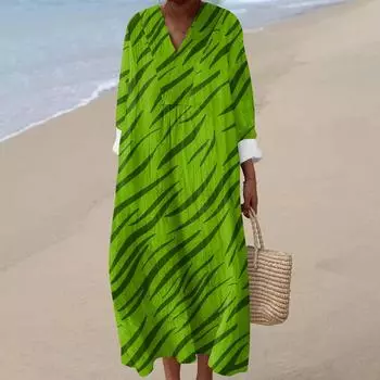 Женское повседневное модное платье макси с V-образным вырезом и длинными рукавами с цветочным принтом L зелёный