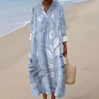 Женское повседневное модное платье макси с V-образным вырезом и длинными рукавами с цветочным принтом S