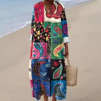 Женское повседневное модное платье макси с V-образным вырезом и длинными рукавами с цветочным принтом XL синий