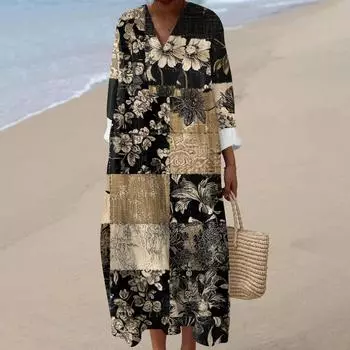 Женское повседневное модное платье макси с V-образным вырезом и длинными рукавами с цветочным принтом L чёрный