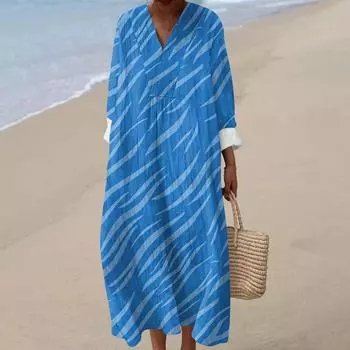 Женское повседневное модное платье макси с V-образным вырезом и длинными рукавами с цветочным принтом L синий