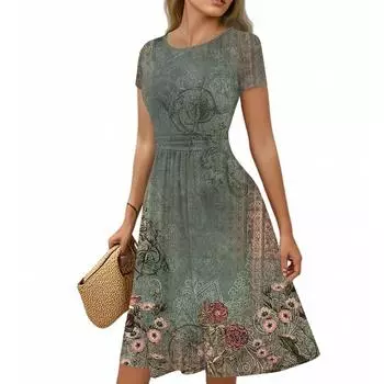 Женское повседневное модное платье миди А-силуэта с круглым вырезом, плиссированными короткими рукавами и ретро-цветочным принтом L