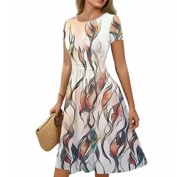 Женское повседневное модное платье миди А-силуэта с круглым вырезом, плиссированными короткими рукавами и ретро-цветочным принтом S бежевый