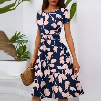 Женское повседневное модное платье миди А-силуэта с круглым вырезом, плиссированными короткими рукавами и цветочным принтом XL