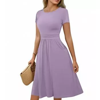 Женское повседневное модное платье миди А-силуэта с круглым вырезом, плиссированными короткими рукавами и однотонной расцветкой M