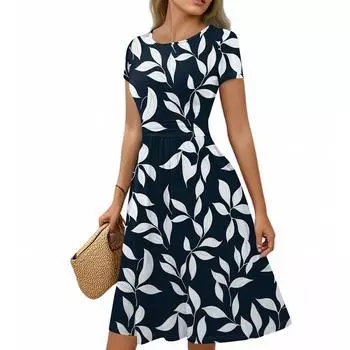 Женское повседневное модное платье миди А-силуэта с круглым вырезом, плиссированными короткими рукавами и ретро-цветочным принтом XXL чёрный