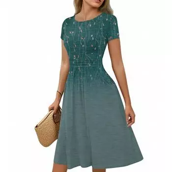 Женское повседневное модное платье миди А-силуэта с круглым вырезом, плиссированными короткими рукавами и ретро-цветочным принтом XXL