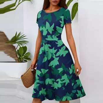 Женское повседневное модное платье миди А-силуэта с круглым вырезом, плиссированными короткими рукавами и цветочным принтом XXL