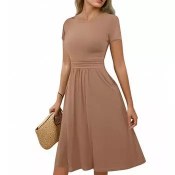 Женское повседневное модное платье миди А-силуэта с круглым вырезом, плиссированными короткими рукавами и однотонной расцветкой XL верблюд