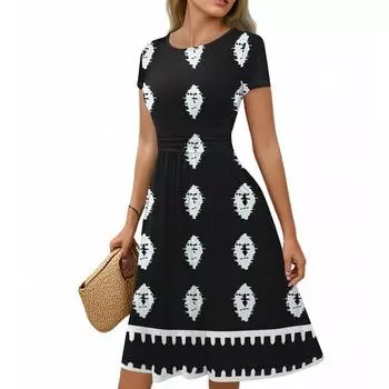 Женское повседневное модное платье миди А-силуэта с круглым вырезом, плиссированными короткими рукавами и богемным стилем S чёрный