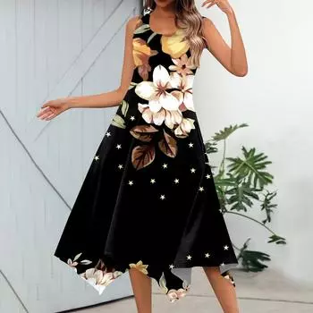 Женское повседневное модное платье миди без рукавов с круглым вырезом и нерегулярным подолом L чёрный