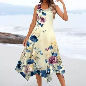 Женское повседневное модное платье миди без рукавов с круглым вырезом и цветочным принтом, нерегулярный подол L бежевый