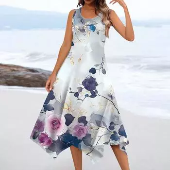 Женское повседневное модное платье миди без рукавов с круглым вырезом и цветочным принтом, нерегулярный подол L
