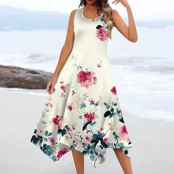 Женское повседневное модное платье миди без рукавов с круглым вырезом и цветочным принтом, нерегулярный подол L бежевый