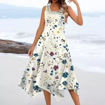 Женское повседневное модное платье миди без рукавов с круглым вырезом и цветочным принтом, нерегулярный подол L бежевый