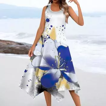 Женское повседневное модное платье миди без рукавов с круглым вырезом и цветочным принтом, нерегулярный подол L синий