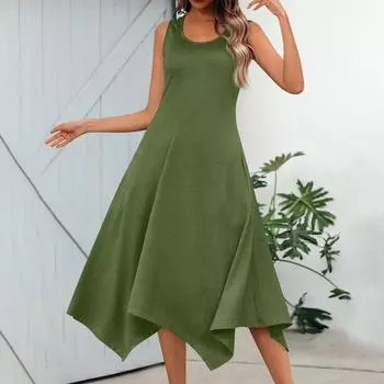 Женское повседневное модное платье миди без рукавов с круглым вырезом и нерегулярным подолом L армия зеленый