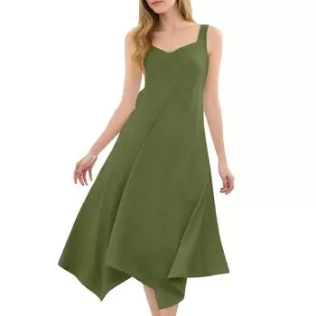 Женское повседневное модное платье миди без рукавов с круглым вырезом и нерегулярным подолом L армия зеленый