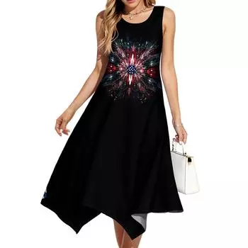 Женское повседневное модное платье миди без рукавов с круглым вырезом и нерегулярным подолом L чёрный