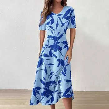 Женское повседневное модное платье-миди без рукавов с цветочным принтом и нерегулярным подолом с круглым вырезом L синий