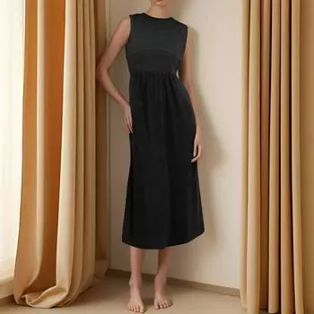 Женское повседневное модное платье миди без рукавов с круглым вырезом и нерегулярным подолом M чёрный