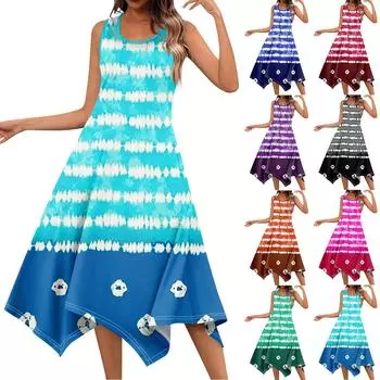 Женское повседневное модное платье миди без рукавов с круглым вырезом и нерегулярным подолом L синий